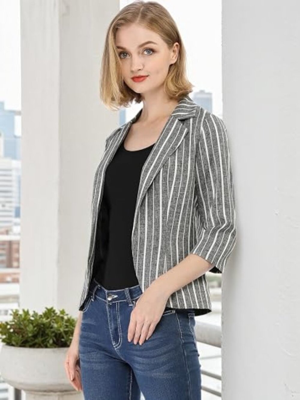 Allegra K Striped Open Front Work Office 3/4 Sleeves Casual Notched Lapel Blazer